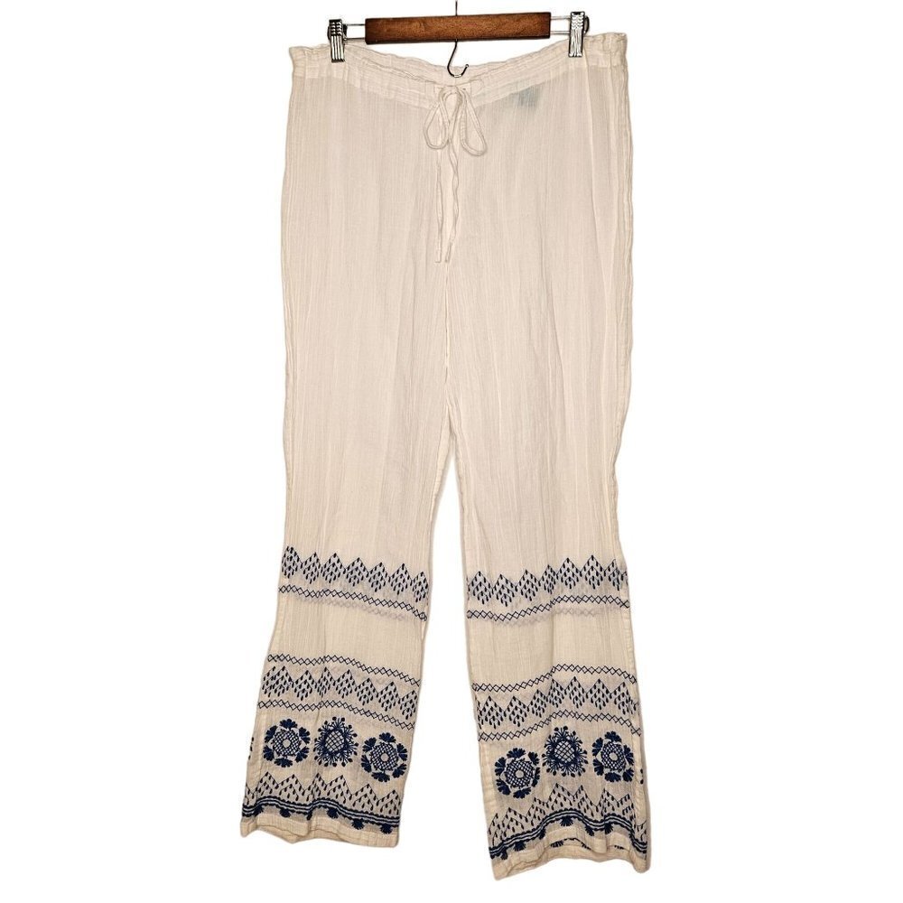 Tori Richard Honolulu Size Medium Bengal Bay Beach White Embroidered Gauze Pants